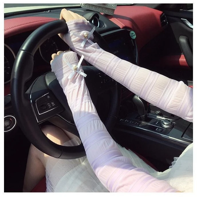 夏季冰丝优雅珍珠蝴蝶结蕾丝时尚防晒袖套冰袖