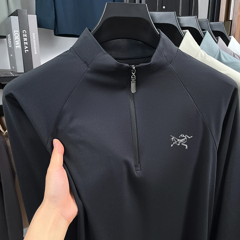 正品始祖刺绣鸟秋季桑蚕丝长袖男士半拉链立领休闲高档时尚polo衫