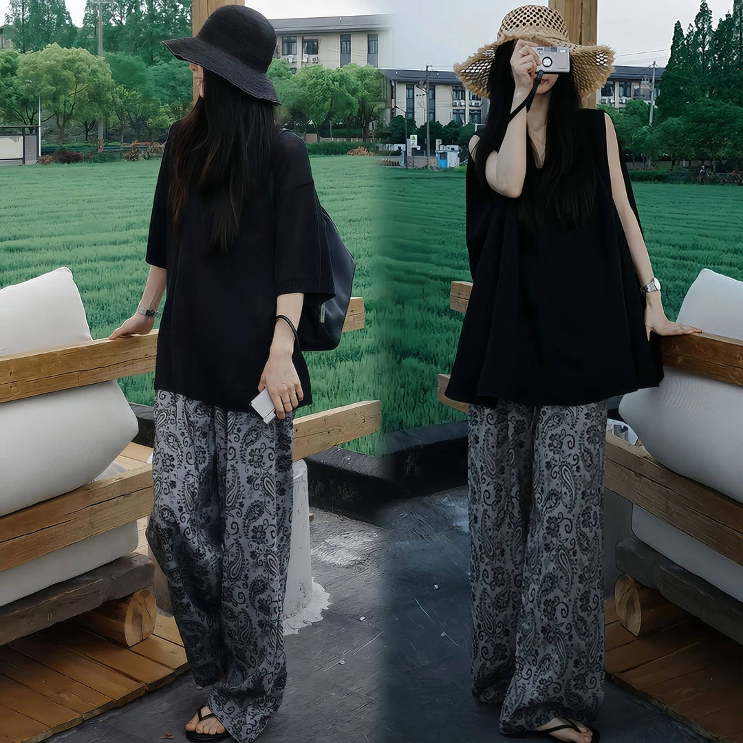 大码女装时尚宽松短袖T恤韩版夏季新款慵懒遮肉上衣显瘦夏装裤子