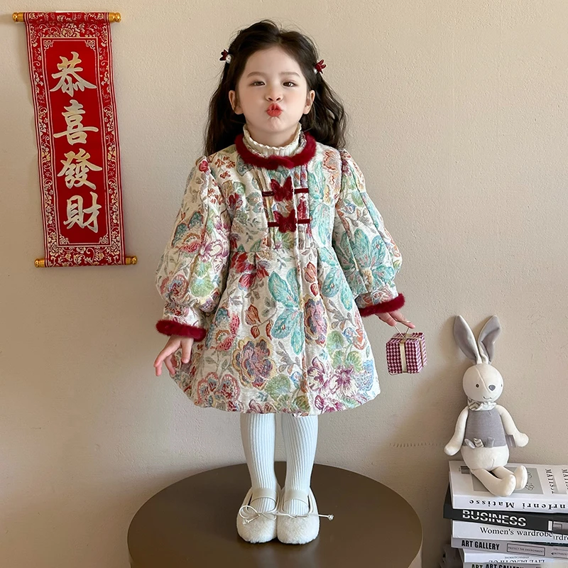 【糖糖专属】女童冬碎花连衣裙宝宝拜年服儿童加厚夹棉汉服公主裙