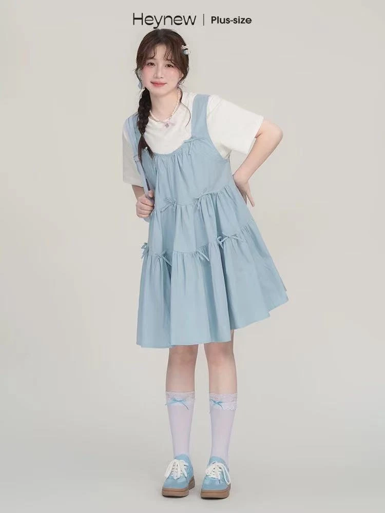 微胖大码女装双面穿蝴蝶结背心裙女夏季新款甜美减龄连衣裙