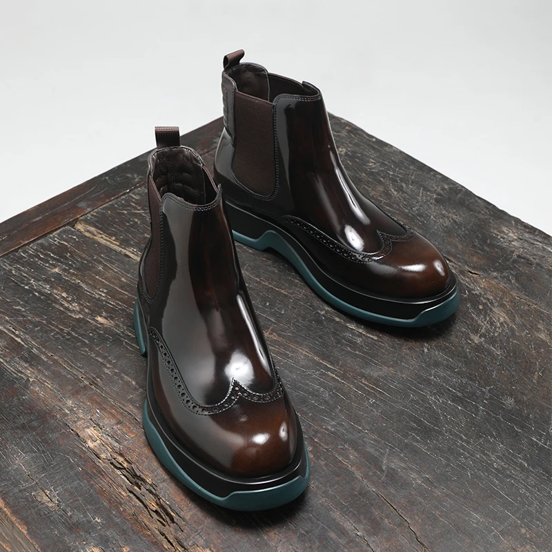 设计师款厚底男士切尔西靴时尚亮面真皮短靴撞色高级感潮流马丁靴