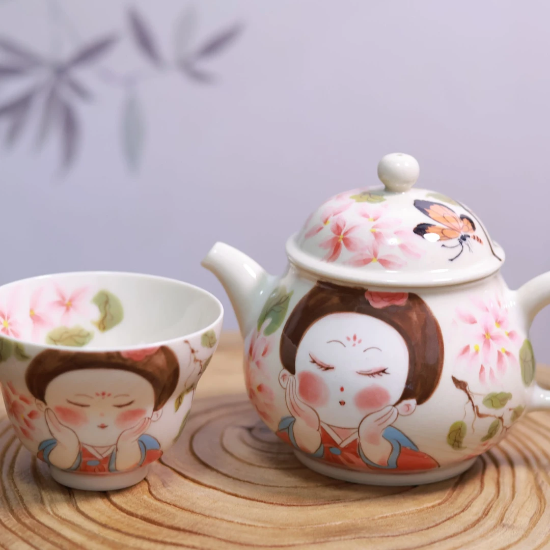 泥古设计师手绘唐美人壶加杯子套组(已开价)