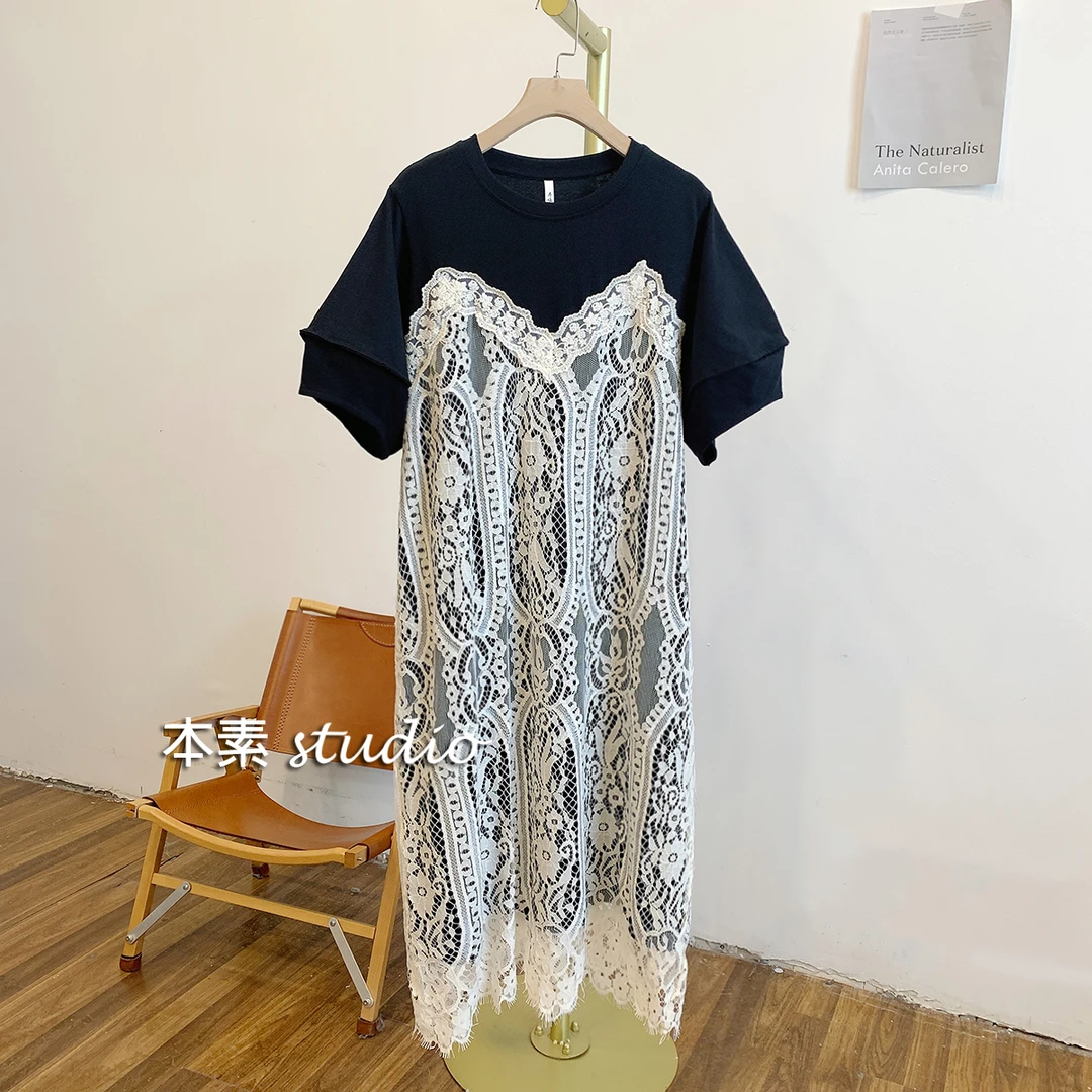 周末公园C3721蕾丝拼接圆领短袖连衣裙