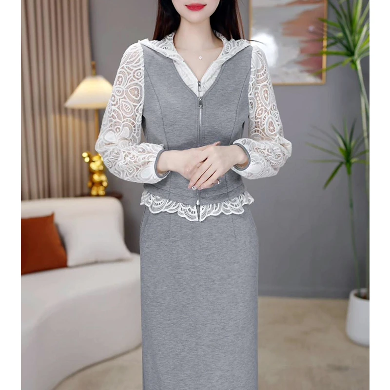 【定制套装】B126灰色连衣裙优雅气质时尚减龄休闲显瘦春季两件套