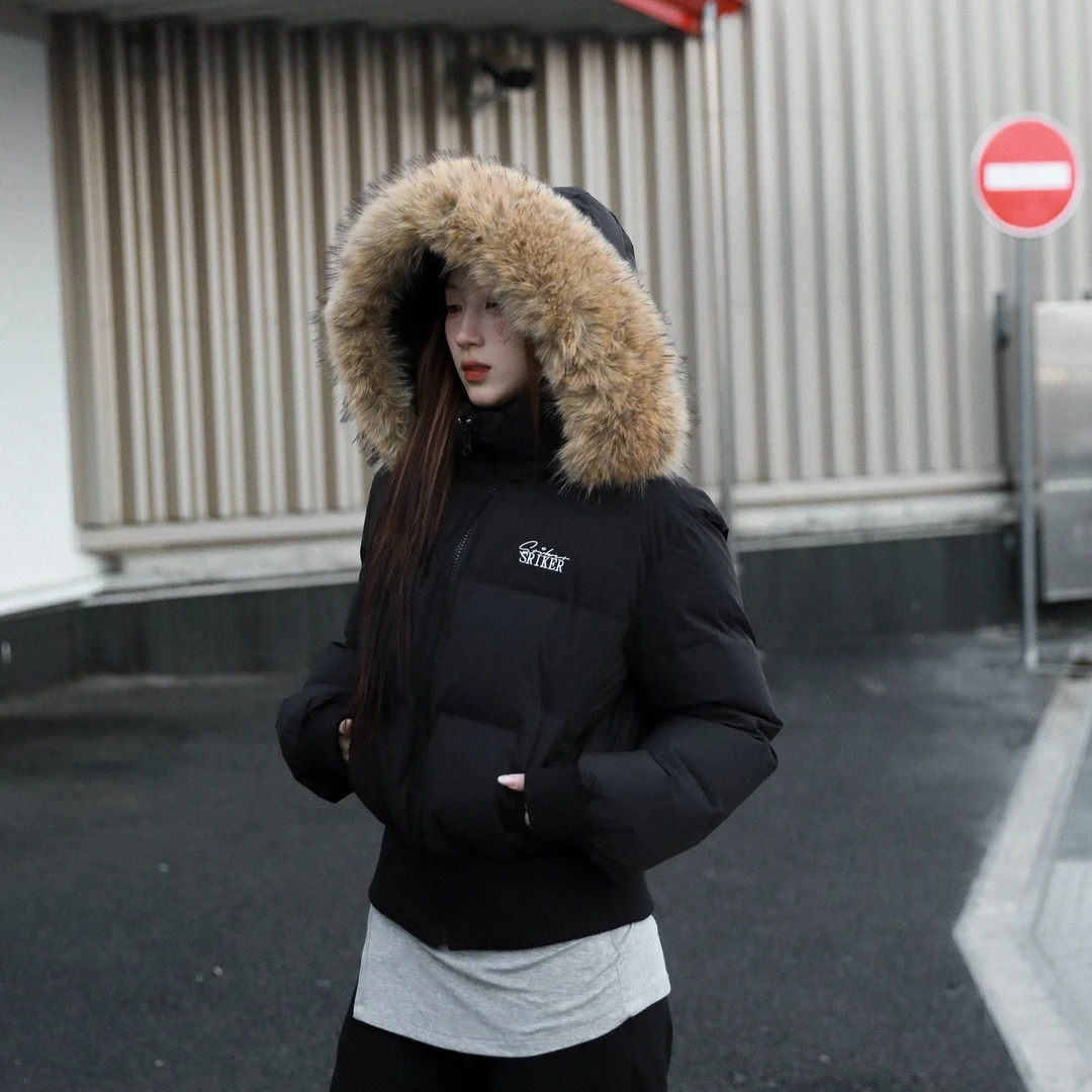 2025年冬季短款毛领连帽羽绒棉服收腰显瘦高级感大毛领外套