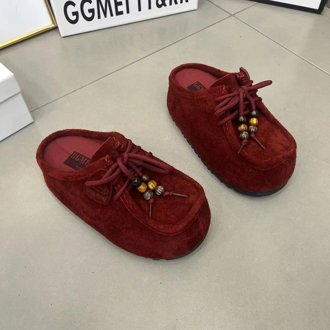 高颜值真皮大头串珠厚底松糕包头拖鞋女鞋2025秋新款6cm勃肯鞋潮