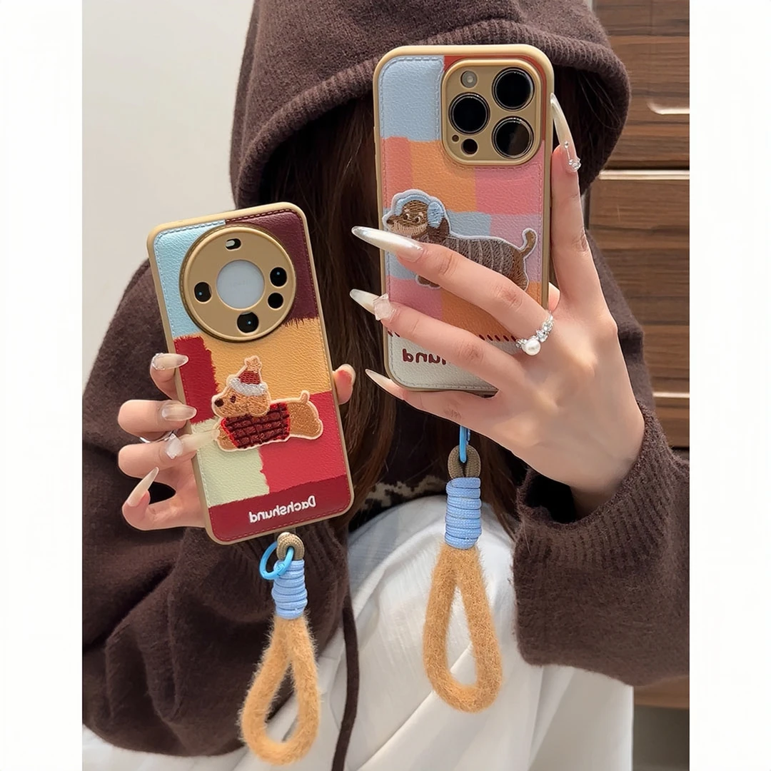 雅天立ins拼接彩格小狗适用苹果17华为vivoppo小米15挂绳手机壳16