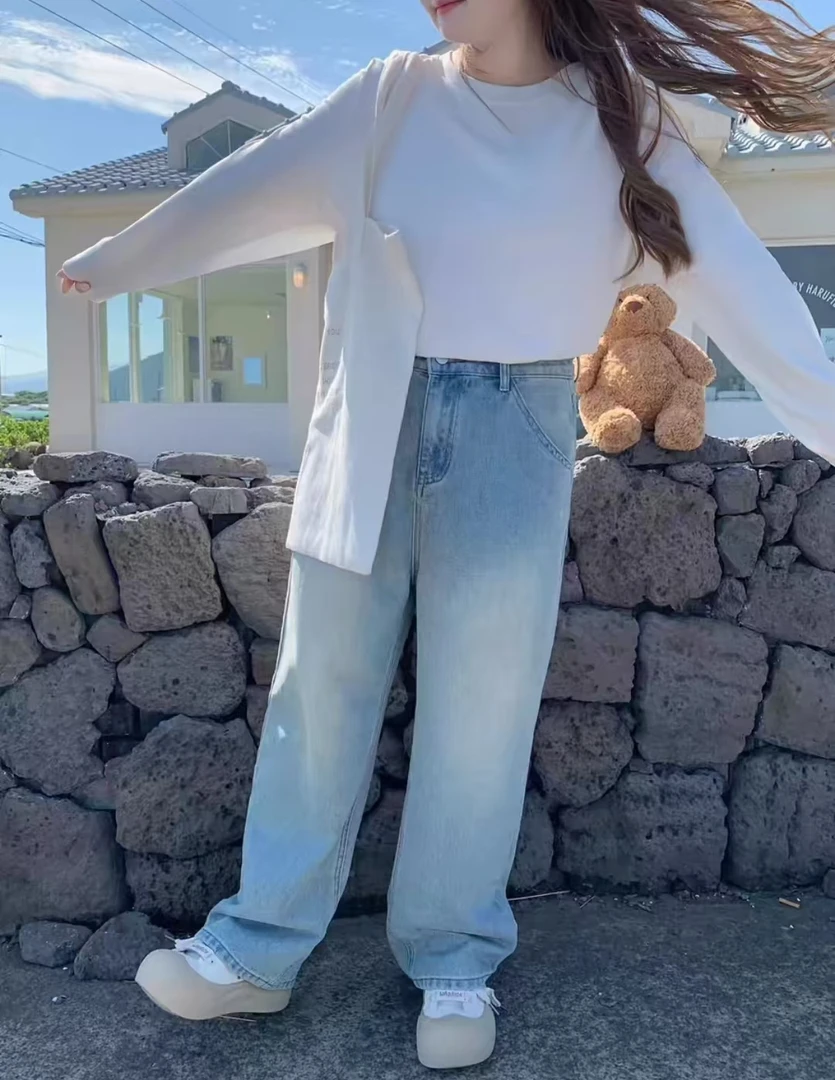 早春新款大码浅蓝高腰阔腿牛仔裤女直筒裤胖MM