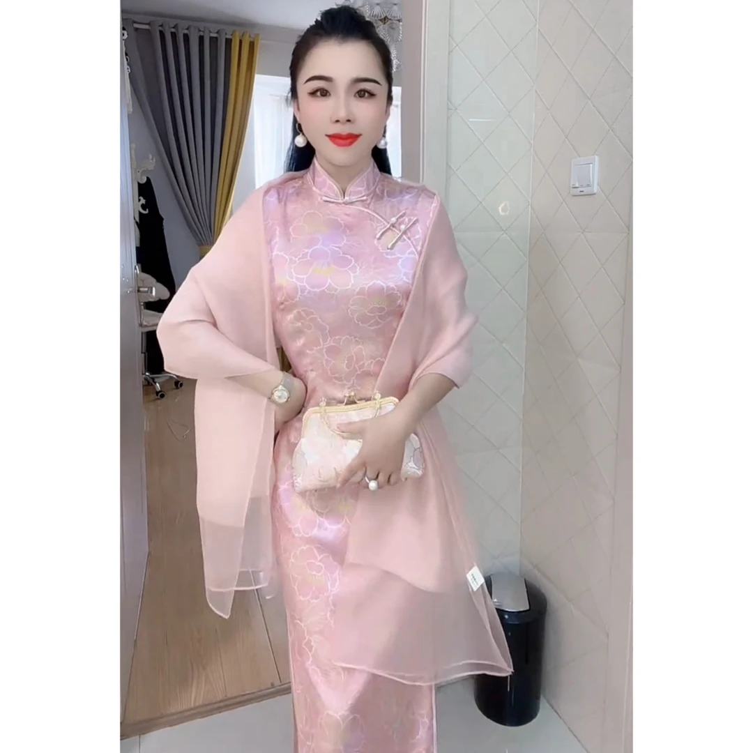 诺衣【粉色佳人】桑蚕丝年轻日常长款旗袍111