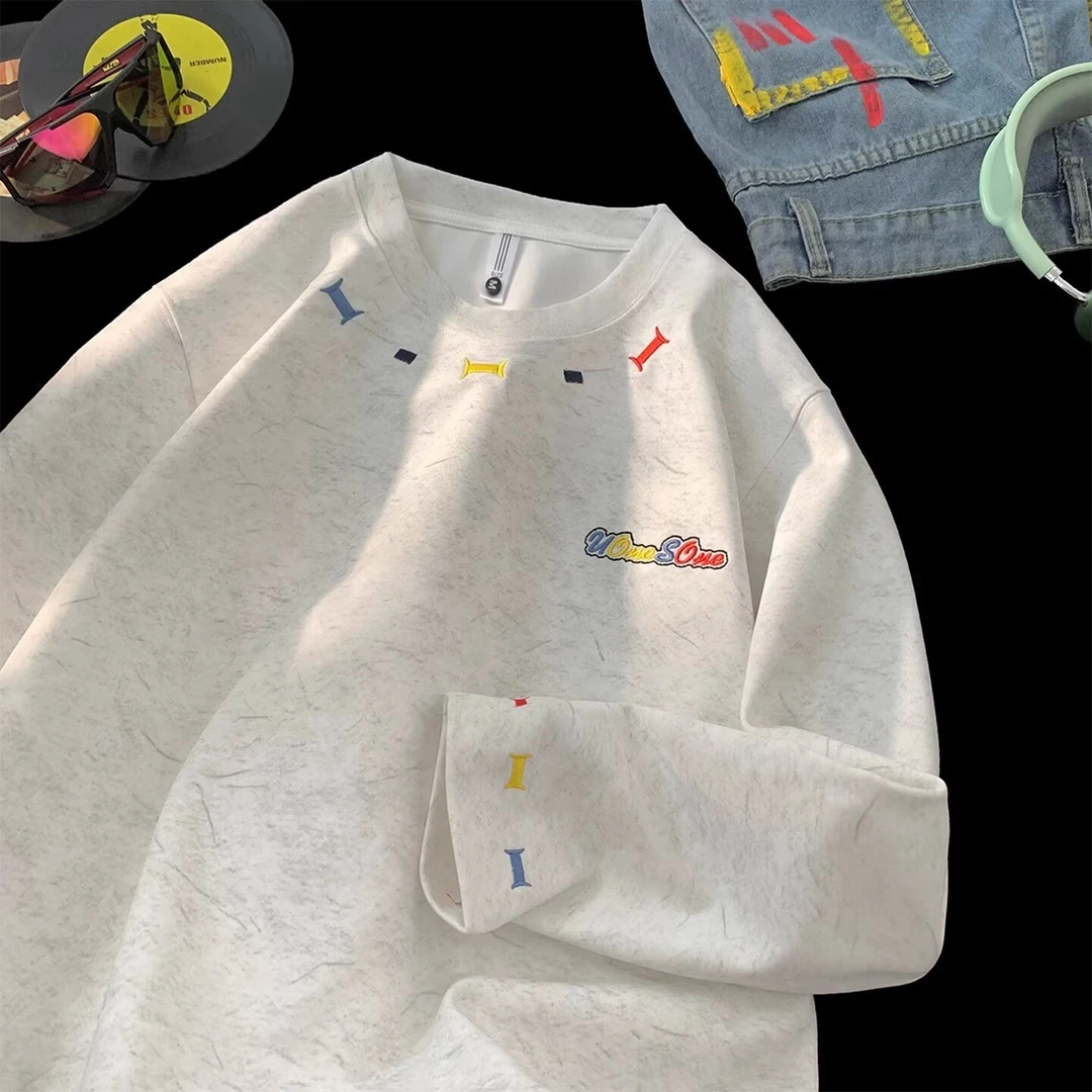 美式高街字母刺绣长袖T恤男秋季潮牌设计感圆领卫衣宽松情侣上衣