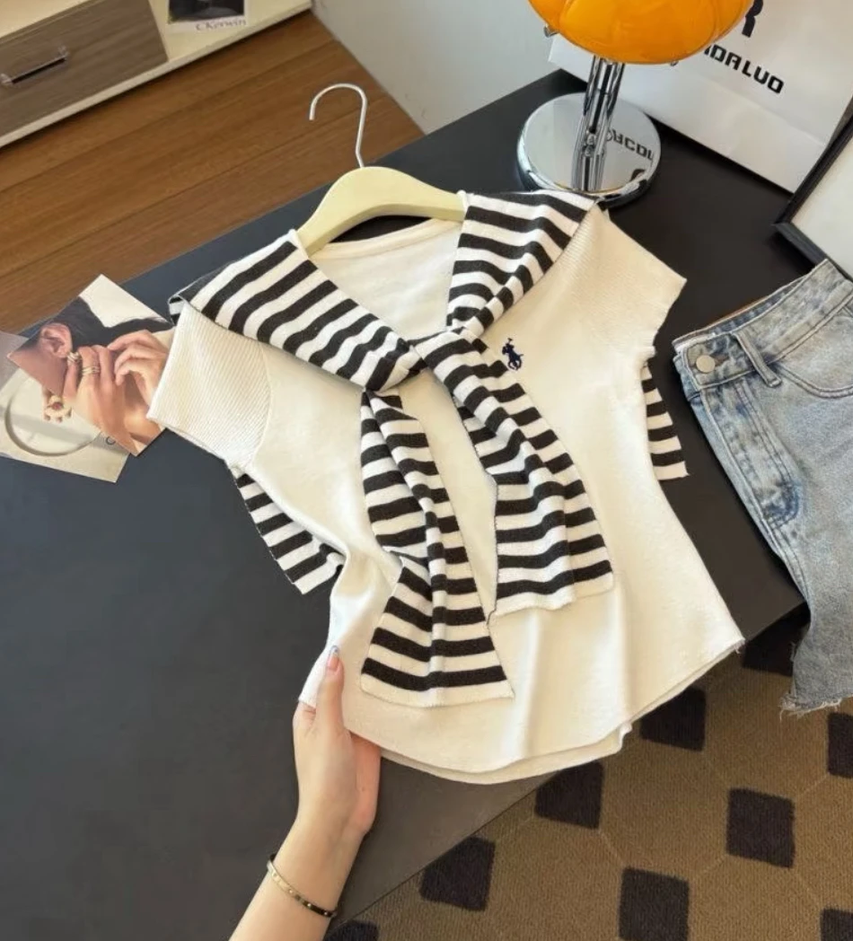 小众珍珠装饰挂脖式拼接荷叶边下摆宽松夏季法式女上衣