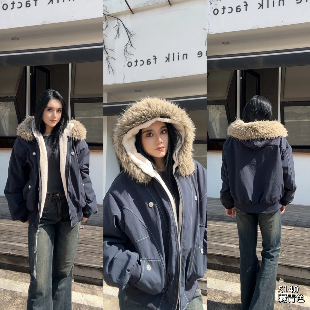 美式复古毛领连帽外套冬季新款保暖百搭棉衣潮YF5140