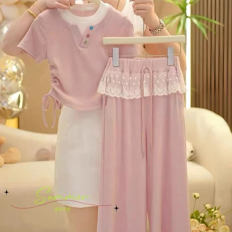 女童夏季套装0425新款气质简约女孩甜美蕾丝薄款时尚宽松显瘦套装
