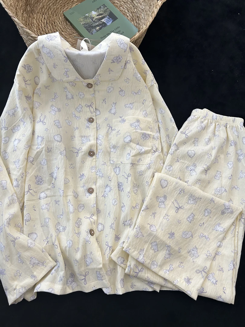 奶油小兔初秋甜妹睡衣带胸垫卡通软萌翻领长袖套少女家居服春秋款
