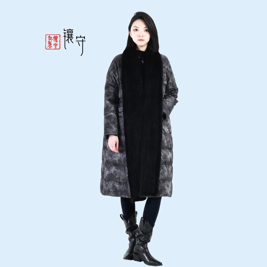 【镶守·清瞳】冬季时尚高级轻奢保暖长款水貂毛领白鹅绒服外套26331