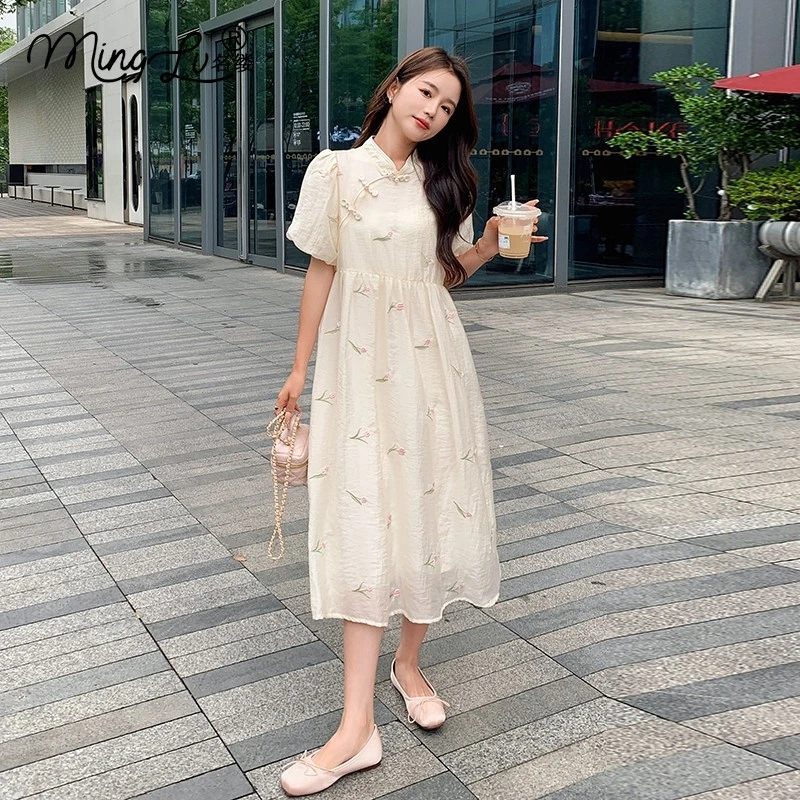 盘扣新中式薄纱碎花连衣裙女夏高腰显瘦法式茶歇初恋甜美小众裙子