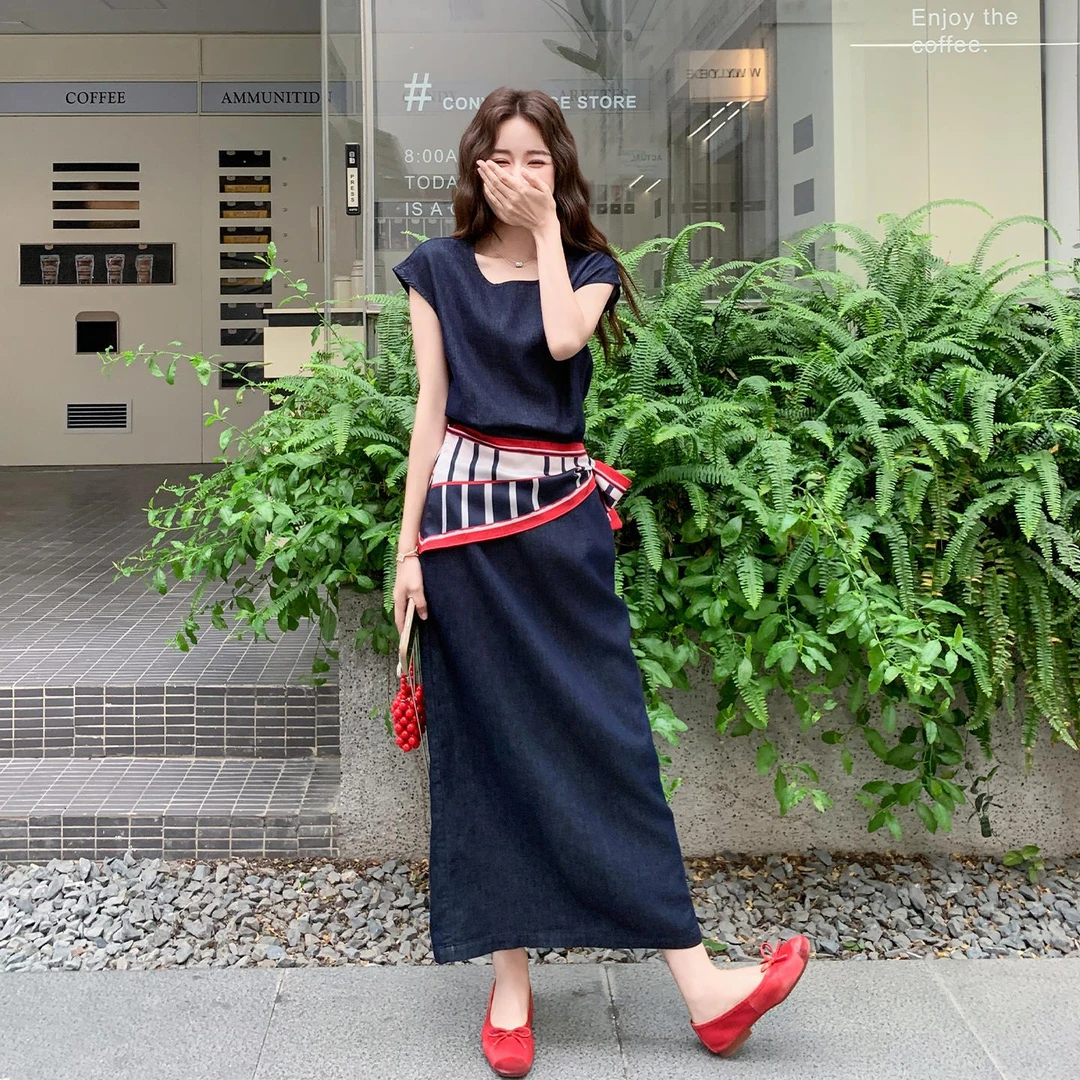 设计感丝巾拼接牛仔套装裙女夏2025新款休闲又酷又飒半身裙两件套