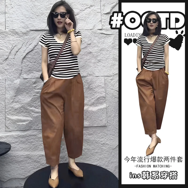 港风显瘦套装穿搭2025夏季新款高级感条纹短袖上衣百搭气质休闲裤