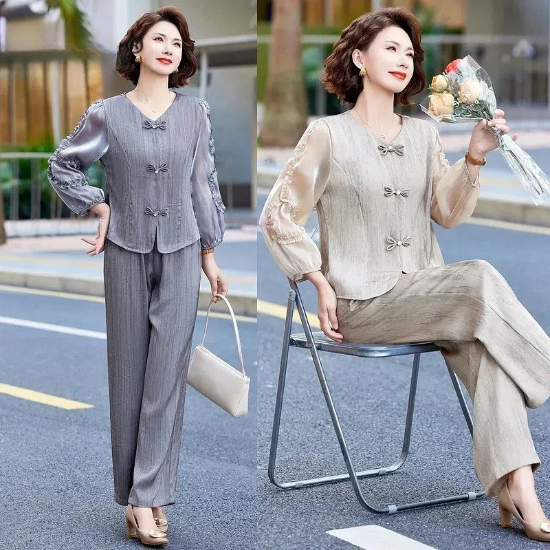 俞兆林时尚套装中老年妈妈装2025夏季新款新中式盘扣减龄显瘦两件
