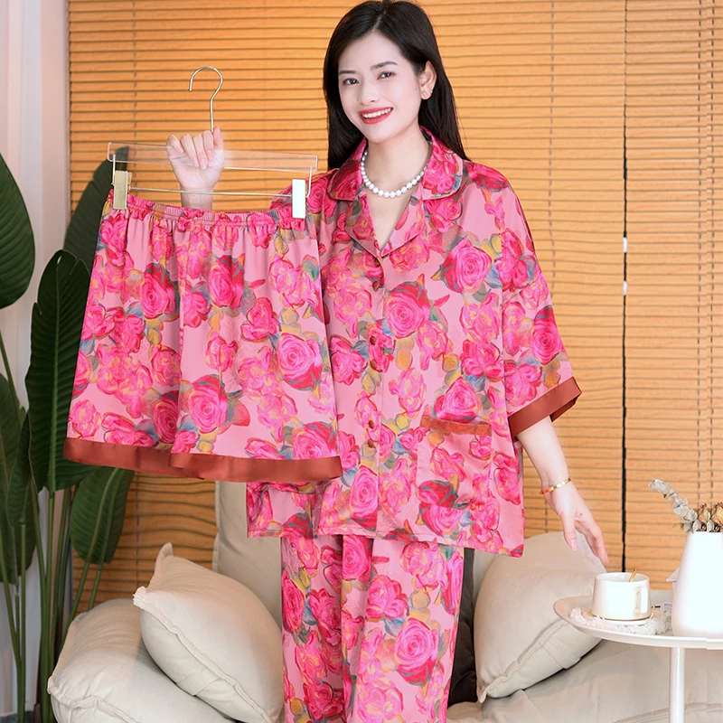 三件套春夏天家居服大码女士凉感冰丝睡衣高级感冰雪软丝可外穿