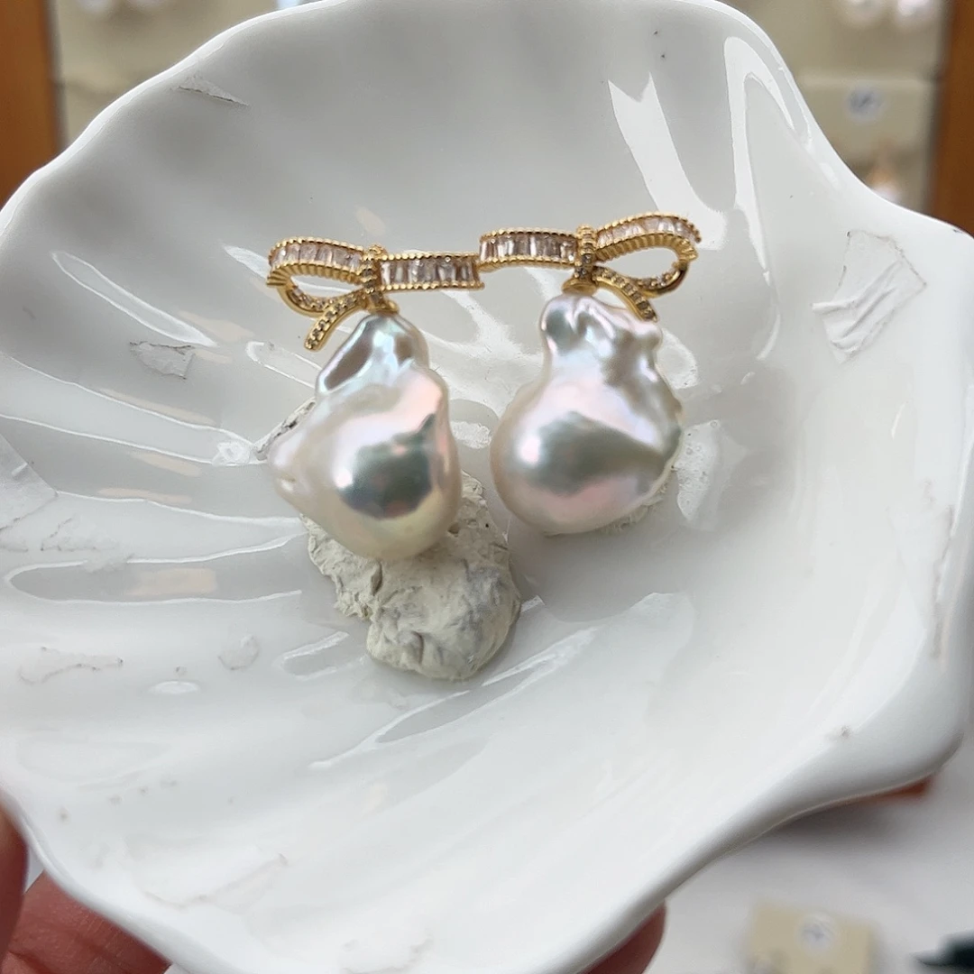 淡水珍珠耳饰银S925镶嵌繁**簇