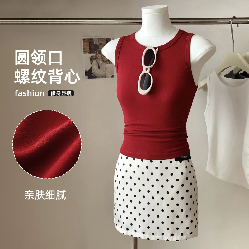 复古红春夏新款吊带背心女内搭显瘦圆领遮副乳收腰外穿打底上衣