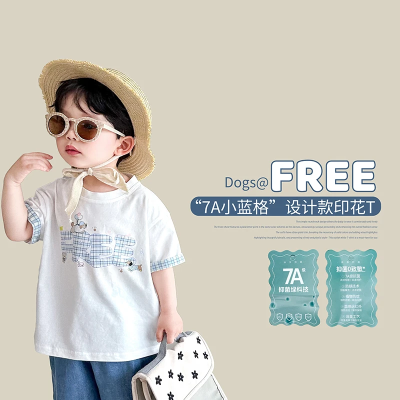 【7A小蓝格】童装2025夏季新款儿童夏季圆领短袖男童印花半袖