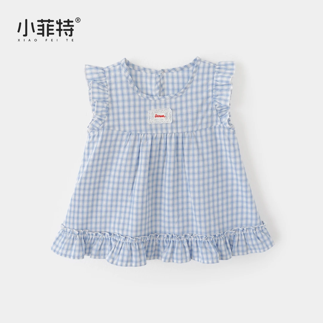 小菲特夏季新款女童装韩版纯棉飞袖娃娃衫女孩格子衬衫HLYX52093