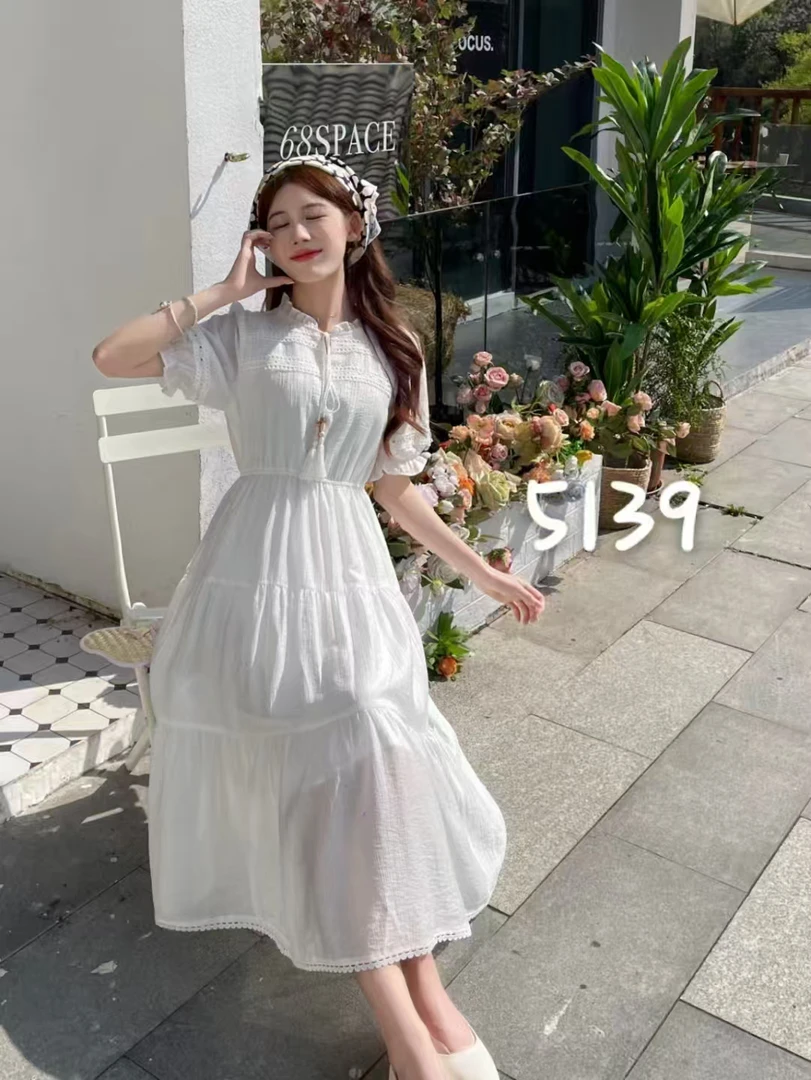 5139#法式温柔风连衣裙女夏新款设计感小众收腰显瘦泡泡袖仙女裙