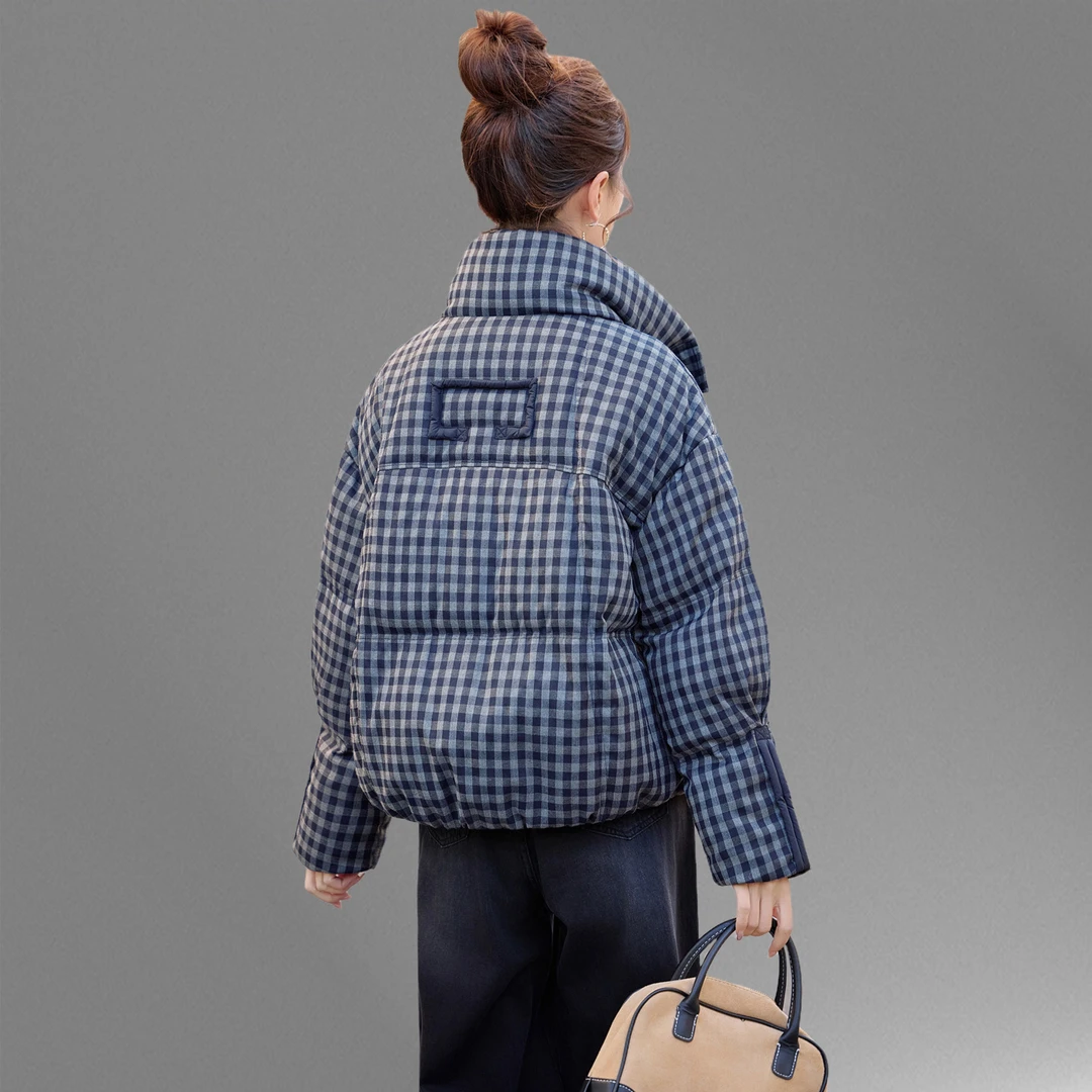 格子羽绒服女短款2026冬季时尚小个子韩版显瘦加厚保暖面包服外套