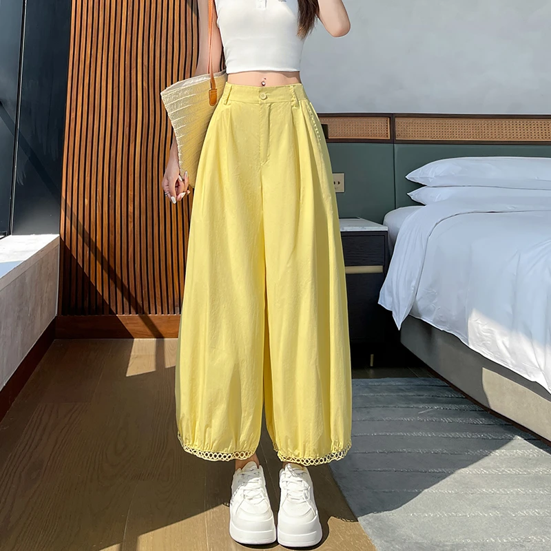 冰丝镂空蕾丝花边灯笼裤女小个子夏季高腰宽松西装休闲阔腿九分裤