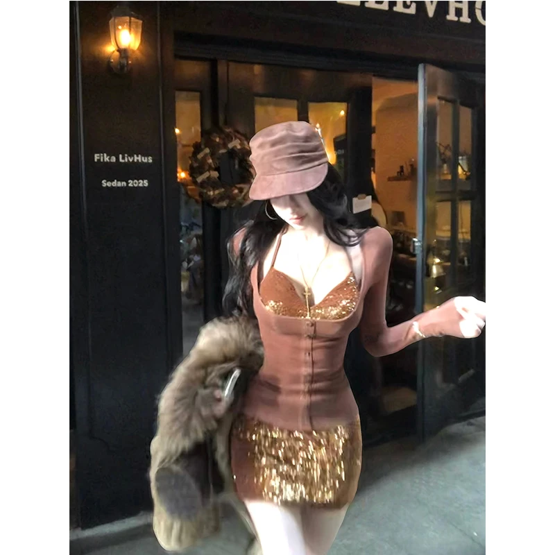 【落日叠影】辣妹穿搭套装女2025冬季真两件长袖上衣半身裙子两件套