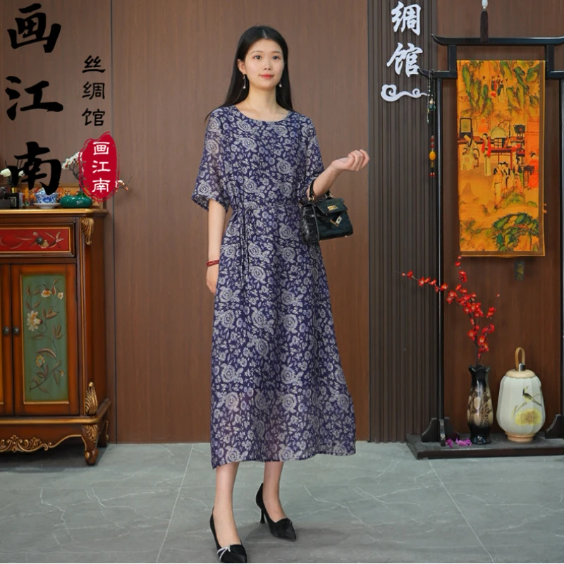 2542款私人定制系带收腰连衣裙女阔太太优雅贵气质短袖透气中长裙