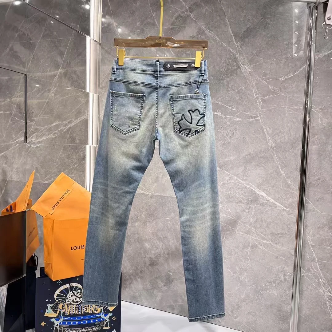 25春夏高阶段位复古做旧男士牛仔裤蓝色时尚休闲修身设计师水洗