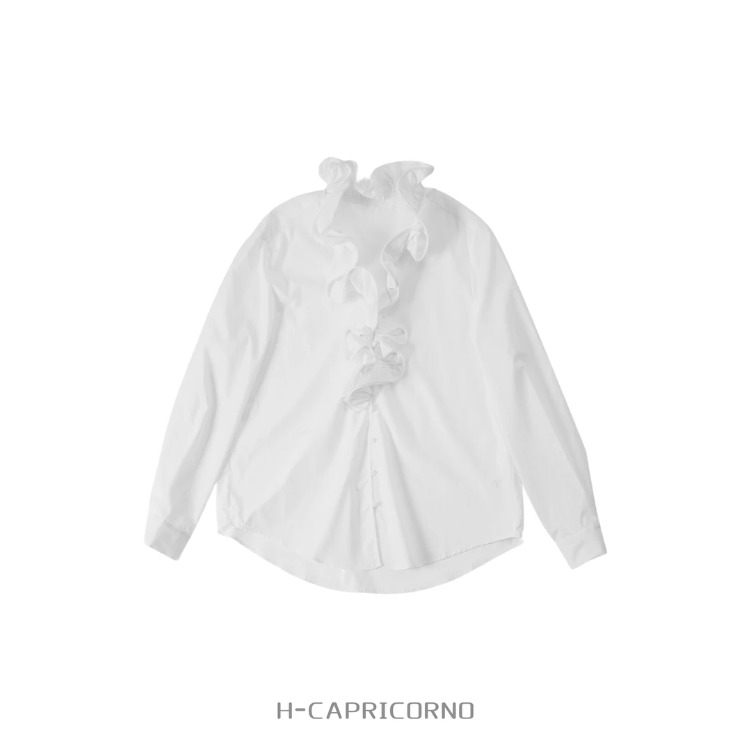 H-CAPRICORNO立裁高级定制白重磅挺括面料荷叶层叠领上衣衬衫