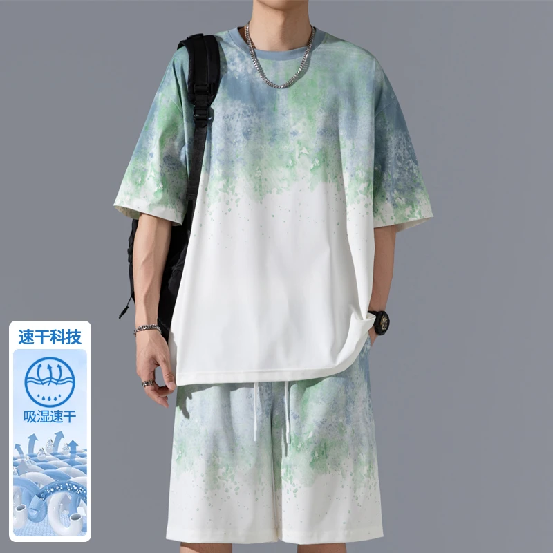 冰丝运动套装男夏季短袖短裤潮牌凉感宽松休闲青少年男士夏装套装