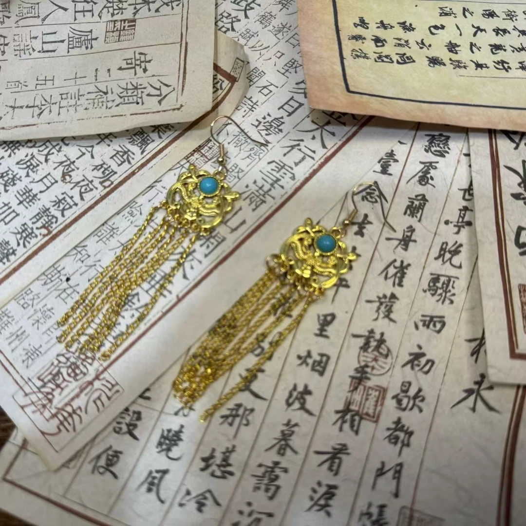 金色唐风流苏耳环。前尘梦古风汉服配饰