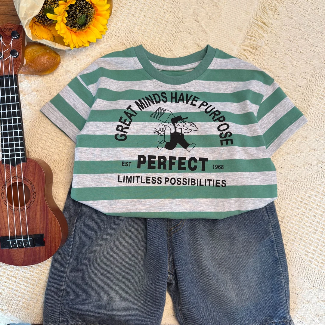 【条纹小奶皮巨软】WD478儿童夏季男女童韩版T恤短袖休闲印花短袖