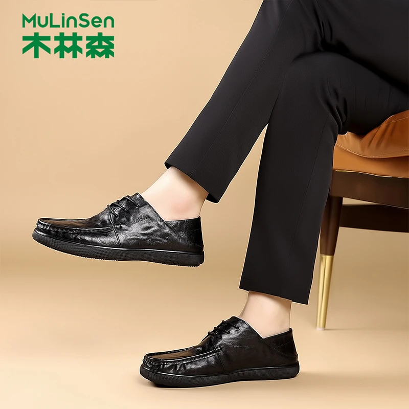 木林森男鞋新款软皮百搭棕色爸爸鞋乐福鞋系带乐中老年西装结婚