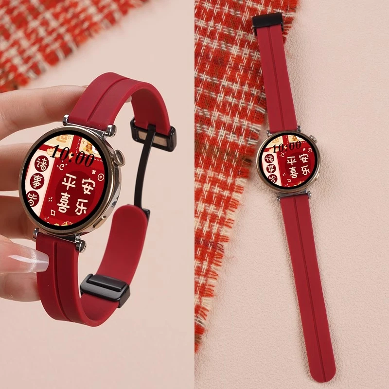 适用华为GT5手表硅胶表带5pro磁吸腕表带GT4运动智能女红色watch4