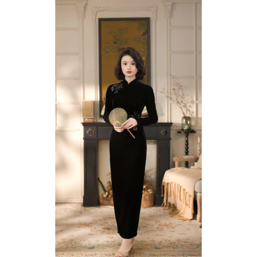 彩彩家【海棠】冬款显瘦气质收腰修身复古黑色遮肉设计改良旗袍
