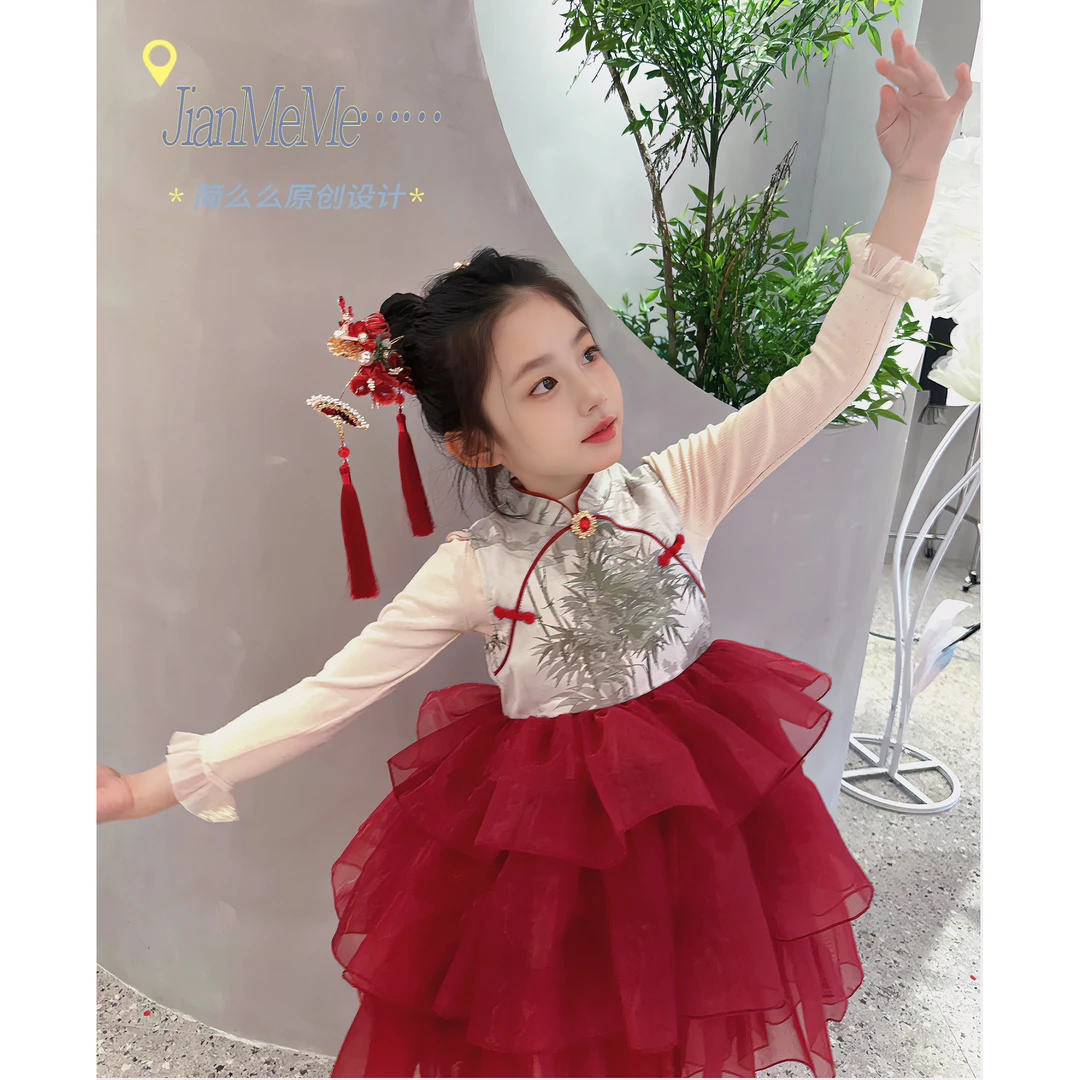 F028【红妆翠袖】中国风绣花重工蓬蓬网纱儿童公主裙连衣裙
