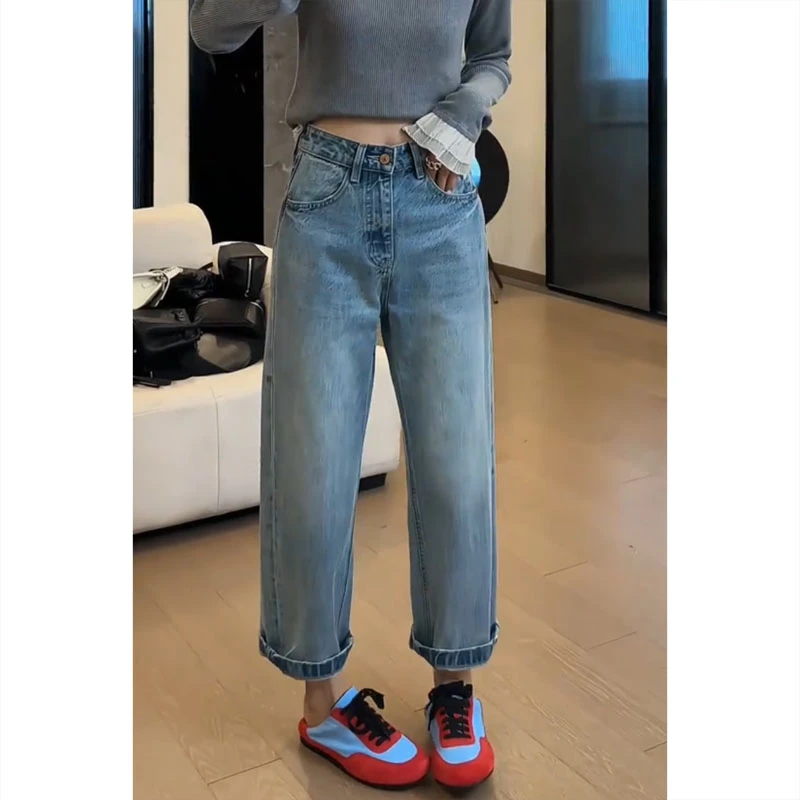 艾塔莉蓝色显瘦直筒牛仔裤春季新款胖mm梨形身材直筒裤大码阔腿裤