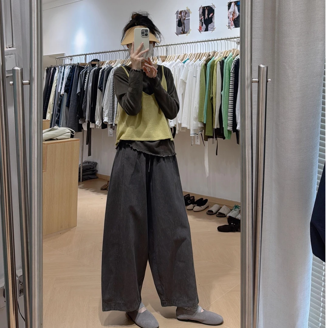 【落雨温柔】ins风时尚森系高级休闲上衣绿色吊带碳色长袖打底长裤