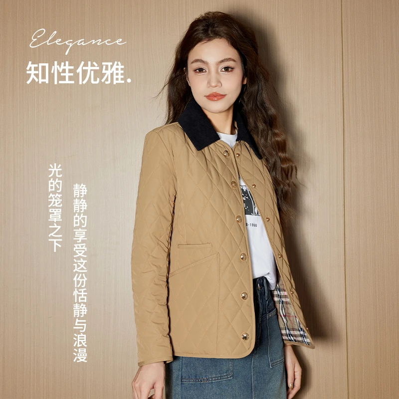 FUNFUN新版气质奶奶装修身百搭菱形格羊毛翻领时尚复古棉服MY2382