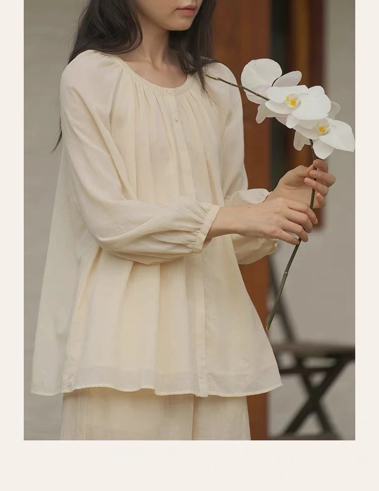 朵朵可可睡衣女2025春夏新款天丝棉提花刺绣圆领长袖家居服套装