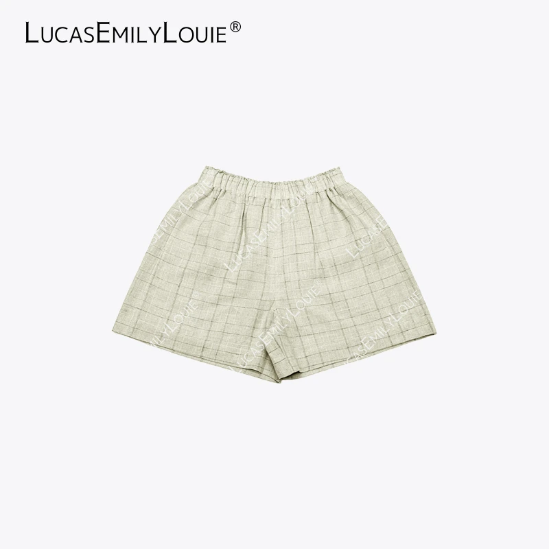 LUCASEMILYLOUIE 米格子棉麻短裤松紧腰简约休闲短裤2510252