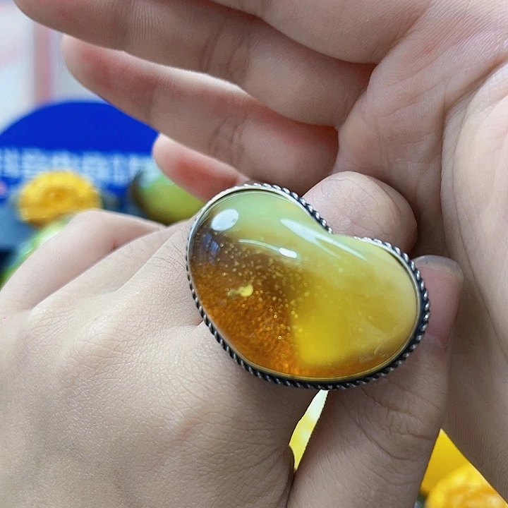 蜜蜡银S925镶嵌裸石戒指