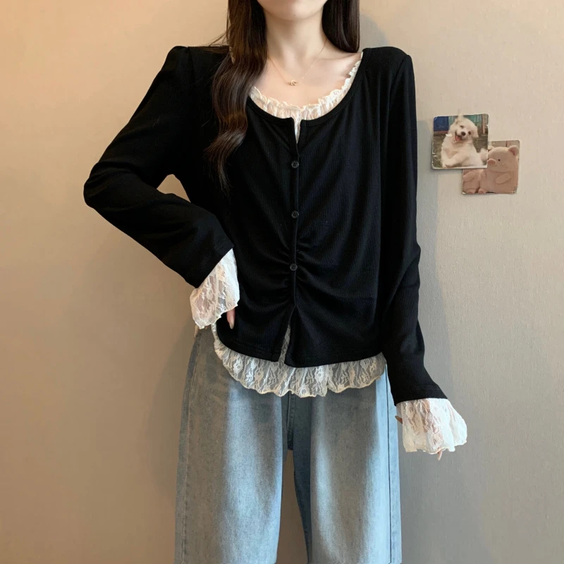 胖mm大码女装蕾丝拼接针织衫女假两件内搭打底衫春季新款显瘦上衣